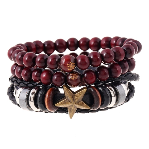 Vintage Ethnic Multilayer Bracelet Set Hand-woven Cowhide Leather Metal Star Charm Wood Beads Adjustable Punk Jewelry Bracelet