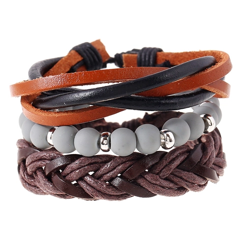 Set di Bracciali da Uomo in Pelle di Vacchetta Intrecciata Retrò Punk Bohémien Etnico Fatto a Mano con Cordoncino di Cera e Perline di Vetro
