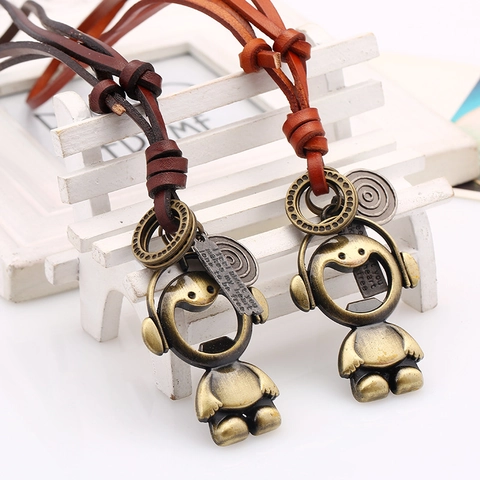 Vintage Korean Robot Pendant Necklace Adjustable Cowhide Leather Rope Bottle Opener Charm Necklace Jewelry For Men Women