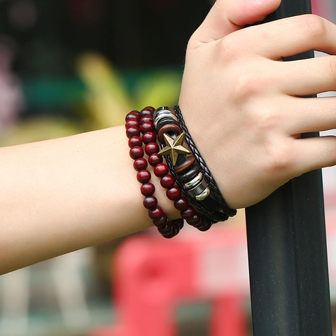 Vintage Ethnic Multilayer Bracelet Set Hand-woven Cowhide Leather Metal Star Charm Wood Beads Adjustable Punk Jewelry Bracelet