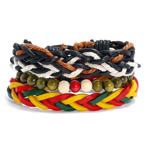Bracciale Intrecciato in Vera Pelle di Vacchetta Con Perline di Legno Colori Giamaica Rasta Regolabile Boho Etnico Gioielli da Uomo