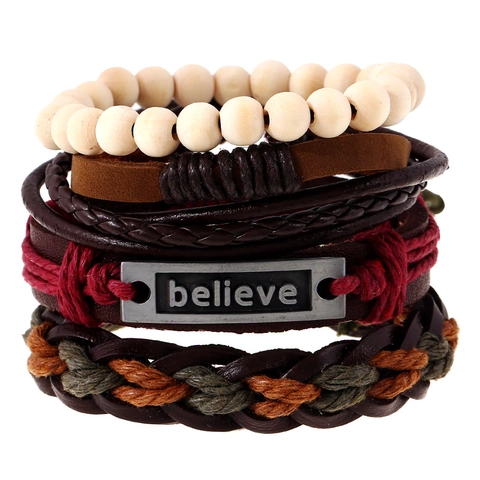 Vintage Multilayer Braided Leather Bracelet Handmade Wood Beads Hemp Rope Believe Alphabet Metal Plate Jewelry For Men Women
