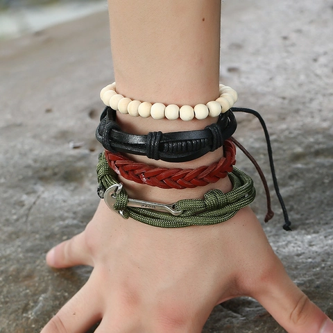 Pulsera Trenzada de Cuero Náutica Vintage Colgante de Ancla Cuentas de Madera Joyería de Varias Capas para Hombre Mujer Accesorios