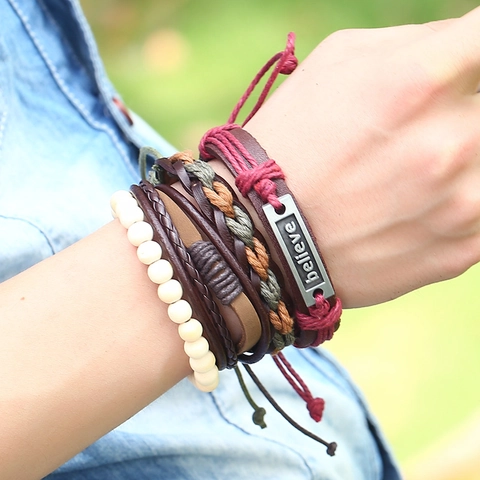 Vintage Mehrlagig Geflochten Leder Armband Handgefertigt Holzperlen Hanfseil Believe Alphabet Metallplatte Schmuck Herren Damen
