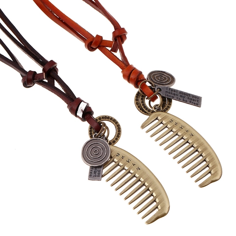 Collar de Cuero Auténtico con Colgante de Peine de Aleación Vintage para Hombres Mujeres Cadena Larga Ajustable Estilo Punk Joyería Hecha a Mano