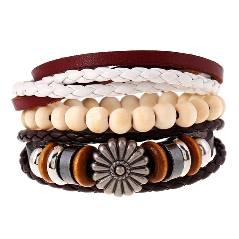 Bracciale Multistrato in Pelle Intrecciata Vintage per Uomo Donna Pelle di Vacca Perline di Legno Girasole in Lega Gioielli