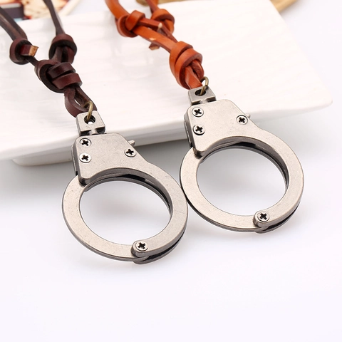 Vintage Punk Handcuff Pendant Necklace For Men Women Adjustable Long Cowhide Leather Cord Sweater Chain Fashion Jewelry