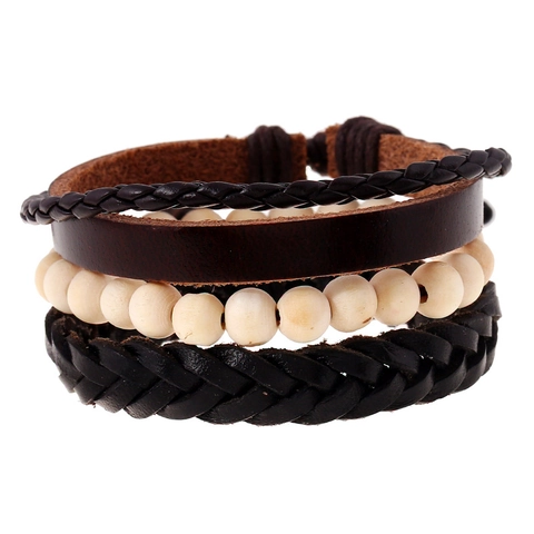 Retro Mehrlagiges Rindleder Armband Set Für Damen Herren Geflochtene Kordel Holzperlen Ethnischen Punk Stil Armband Schmuck