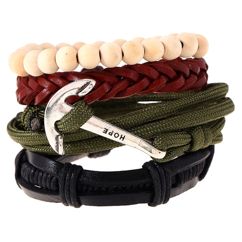 Pulsera Trenzada de Cuero Náutica Vintage Colgante de Ancla Cuentas de Madera Joyería de Varias Capas para Hombre Mujer Accesorios