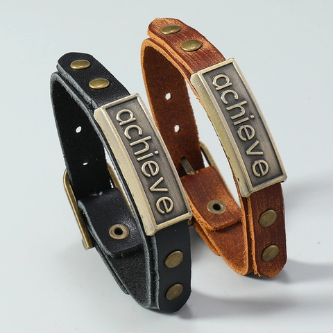 Vintage Rindsleder Armband Für Herren Mit Achieve Metallplatte Verstellbare Schnalle Mehrlagiger Nietenschmuck