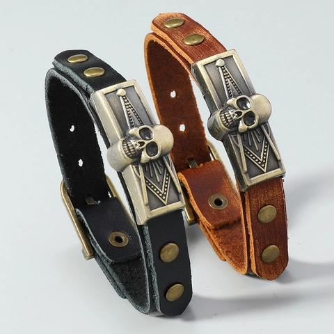 Bracciale Punk Vintage in Pelle di Vacchetta Con Ciondolo a Forma di Teschio in Lega Bracciale Regolabile Gothic Unisex Gioielli