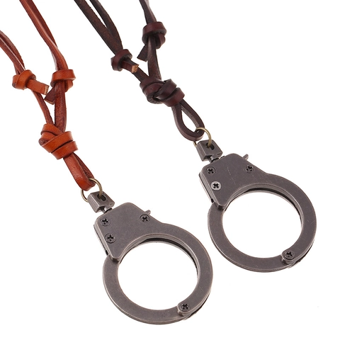 Vintage Punk Handcuff Pendant Necklace For Men Women Adjustable Long Cowhide Leather Cord Sweater Chain Fashion Jewelry