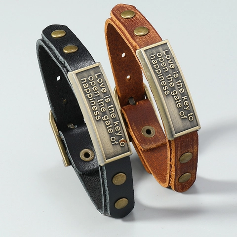 Bracciale in Pelle di Vacchetta Vintage Per Uomo Donna Regolabile in Lega Con Incisione Stile Punk Retro Gioielli da Polso