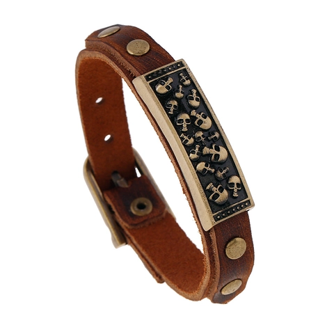 Bracciale in Pelle di Vacchetta da Uomo Vintage in Lega di Bronzo con Teschi e Borchie Punk Rock Regolabile Gioielli Artigianali SS029
