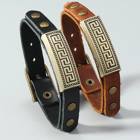 Men's Multi-layer Cowhide Leather Bracelet Retro Meander Pattern Alloy Rivet Punk Style Handmade Cuff Bangle Fashion Wristband Jewelry