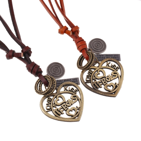Collar de Cuero con Colgante de Corazón Hueco Vintage para Mujeres Hombres Aleación de Bronce Antiguo Cuerda de Cuero de Vaca Ajustable