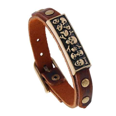 Bracciale in Pelle Punk Vintage con Teschio per Uomo Donna Retro Rock Invecchiato in Pelle di Vacca Lega Rivetto Bracciale Intrecciato