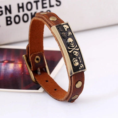 Pulsera de Cuero de Vaca Genuino Punk Vintage para Hombre Brazalete Ajustable Con Placa de Aleación de Calavera de Bronce Joyería Retro