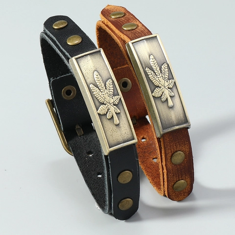 Vintage Punk Rindsleder Armband Herren Damen Verstellbare Metall Ahornblatt Platte Niete Gothic Hip Hop Rock Schmuck