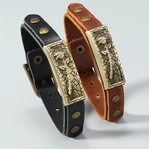 Bracciale in Pelle Vintage per Uomo Donna Ciondolo Rosa in Lega Fatto a Mano Bohemian Punk Cinturino Regolabile Gioielli