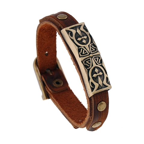 Herren Retro Punk Echtes Rindsleder Armband Bronze Legierung Kreuzmuster Geprägte Manschette Armband Mit Nieten Verstellbarer Gürtelschnalle Schmuck