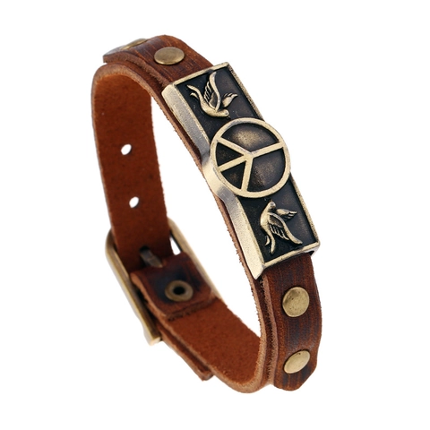 Bracciale Vintage da Uomo in Pelle Marrone Segno della Pace Uccello Rilievo Bronzo Lega Punk Stile Regolabile Gioiello