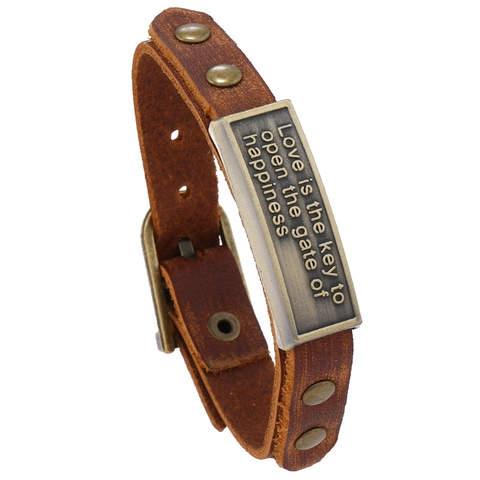 Bracciale in Pelle di Vacchetta Vintage Per Uomo Donna Regolabile in Lega Con Incisione Stile Punk Retro Gioielli da Polso