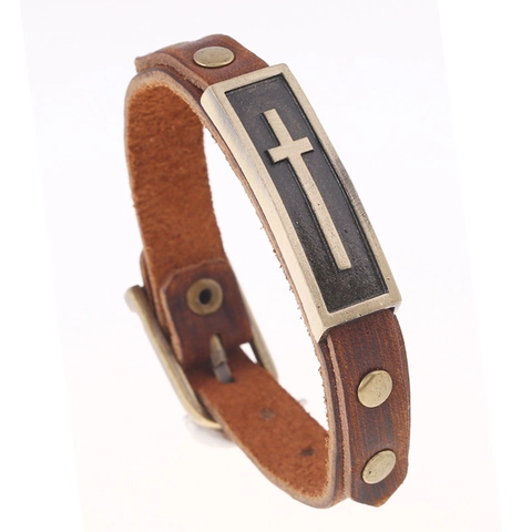 Bracelet en Cuir de Vache Vintage pour Hommes Charme de Croix en Alliage Boucle de Ceinture Réglable Punk Rock Brun Vieilli