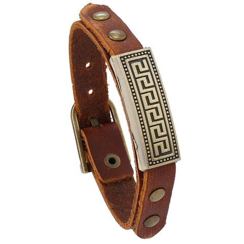 Men's Multi-layer Cowhide Leather Bracelet Retro Meander Pattern Alloy Rivet Punk Style Handmade Cuff Bangle Fashion Wristband Jewelry
