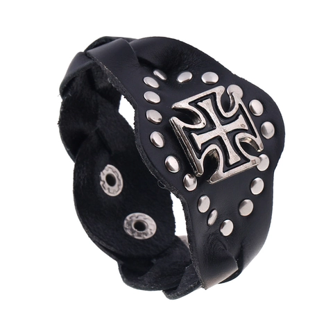 Punk Cowhide Leather Wide Bracelet For Men Women Vintage Alloy Iron Cross Braided Cuff Bangle With Rivet Rock Jewelry