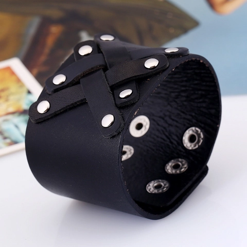 Punk Vintage Men's Wide Leather Bracelet Braided Alloy Rivet Adjustable Cuff Wristband Gothic Retro Jewelry Gift For Men