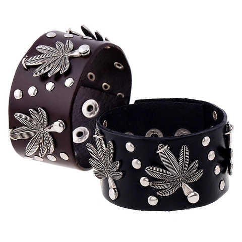 Pulsera de Cuero de Vaca Genuino Punk Vintage para Hombre Con Remaches y Colgante de Hoja de Aleación Muñequera Ancha Ajustable