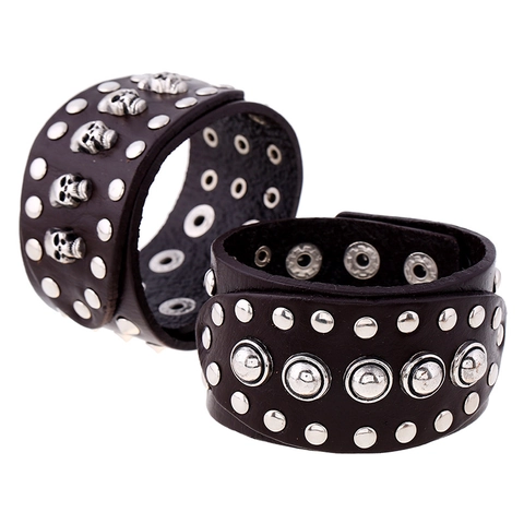 Retro Punk Breites Rindsleder Armband Für Herren Vintage Totenkopf Niete Legierung Verstellbar Braun Leder Schmuck Armreif