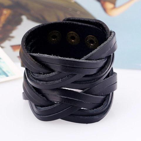 Bracciale Intrecciato In Pelle Di Vacchetta Largo Stile Punk Retro Per Uomo Con Botoni A Pressione Regolabili Fatto A Mano