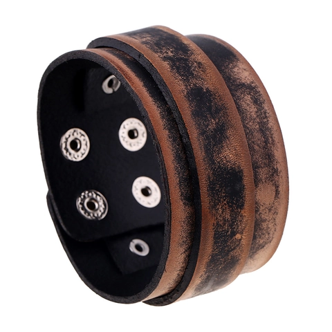Bracciale Vintage Wide in Pelle di Vacca Retro Punk Finitura Invecchiata Bottone a Pressione in Ferro Bracciale Regolabile per Uomo Donna