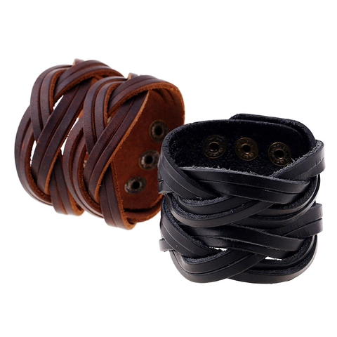 Bracciale Intrecciato In Pelle Di Vacchetta Largo Stile Punk Retro Per Uomo Con Botoni A Pressione Regolabili Fatto A Mano