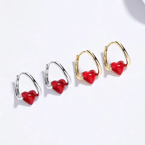 925 Sterling Silver Red Enamel Heart Hoop Earrings For Women Minimalist Fashion Heart Shaped Dainty Jewelry Gift