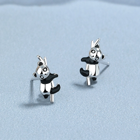 Pendientes de Botón de Plata de Ley 925 Lindo Panda Abrazando Bambú para Mujeres Niñas Esmalte Blanco Negro Joyería de Moda Regalo
