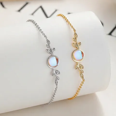 Pulsera de Hoja de Plata de Ley 925 con Piedra de Luna para Mujer Dulce Elegante Follaje Ajustable Joyería de Moda