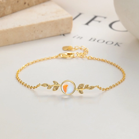 Pulsera de Hoja de Plata de Ley 925 con Piedra de Luna para Mujer Dulce Elegante Follaje Ajustable Joyería de Moda