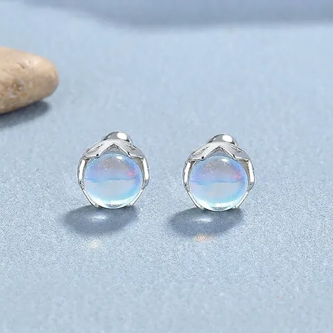 925 Sterling Silver Moonstone Stud Earrings For Women Screw Back Round Iridescent Stone Minimalist Elegant Fashion Jewelry