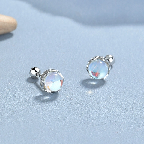 925 Sterling Silver Moonstone Stud Earrings For Women Screw Back Round Iridescent Stone Minimalist Elegant Fashion Jewelry