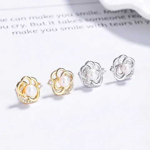 Orecchini a Bottone con Perle a Forma di Camelia in Argento Sterling 925 per Donna Gioielli in Oro Argento con Strass