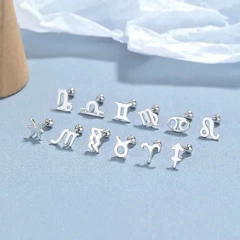 925 Sterling Silver 12 Zodiac Sign Stud Earrings Minimalist Constellation Screw Back Ear Bone Nails For Women Fashion Jewelry