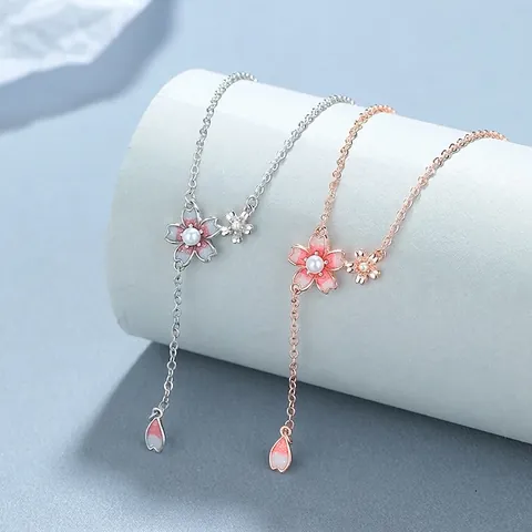 925 Sterling Silver Cherry Blossom Pearl Pendant Necklace Pink Enamel Flower Tassel Y-Shape Chain Sweet Romantic Jewelry For Women
