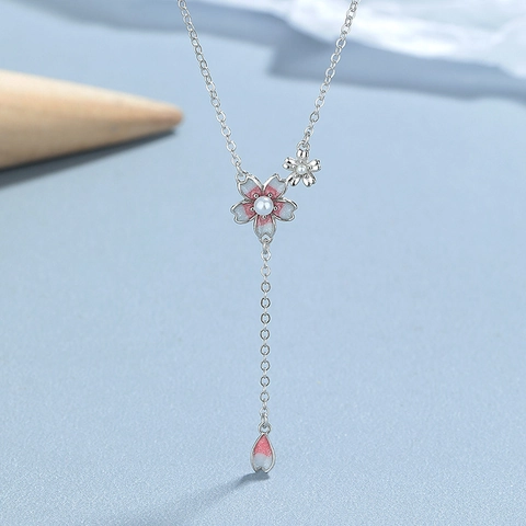 925 Sterling Silver Cherry Blossom Pearl Pendant Necklace Pink Enamel Flower Tassel Y-Shape Chain Sweet Romantic Jewelry For Women