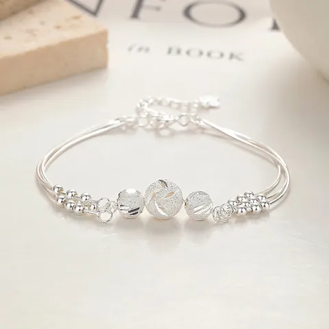 Elegant 990 Silver Layered Transfer Bead Bracelet For Women Geometric Multi Strand Adjustable Chain Fashion Jewelry Gift