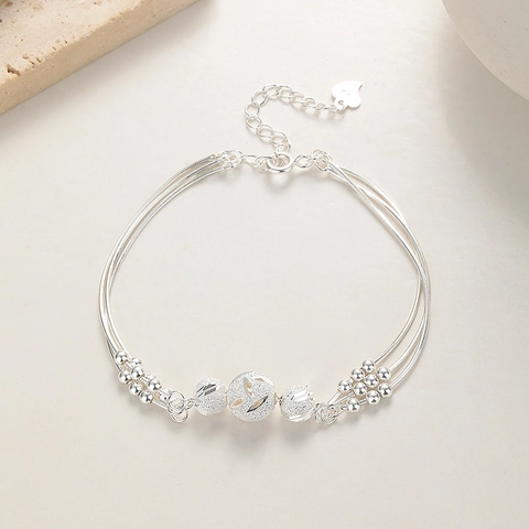 Elegant 990 Silver Layered Transfer Bead Bracelet For Women Geometric Multi Strand Adjustable Chain Fashion Jewelry Gift