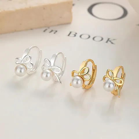 Pendientes de Aro Huggie de Plata de Ley 925 con Lazo y Perla para Mujer Pendientes Colgantes con Lazo de Strass Joyería de Moda Regalo