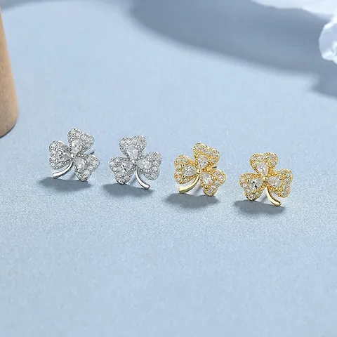 925 Sterling Zilver Klavertje Oorknopjes Voor Vrouwen Verguld Strass Drie Blad Klaver Mode Sieraden Cadeau